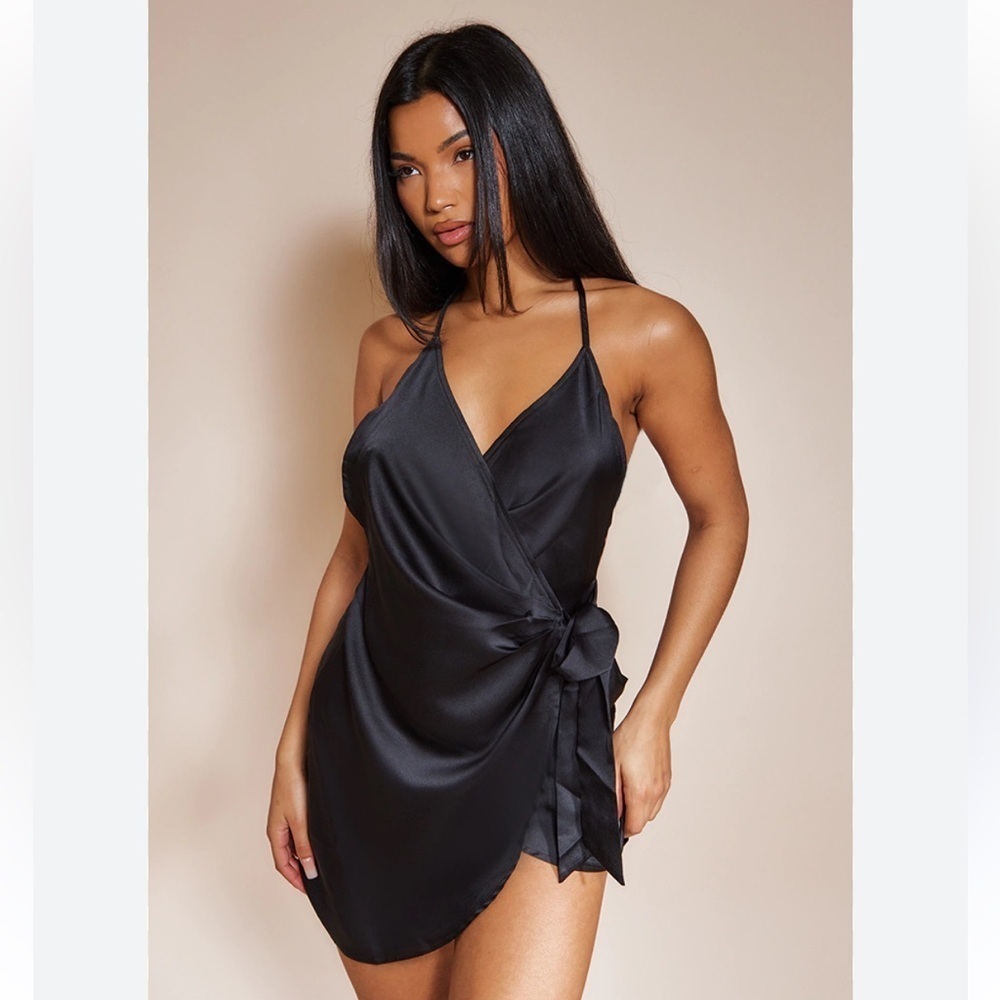 prettylittlething black satun halterneck wrap bodycon dress
